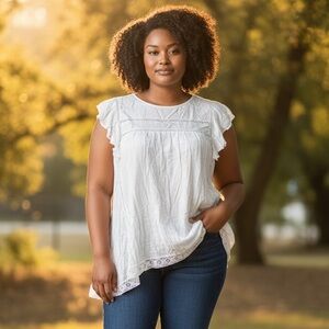 Avenue 30/32 Shirt White Ruffle Tunic Top Blouse Peasant Vacation Vibes NWT